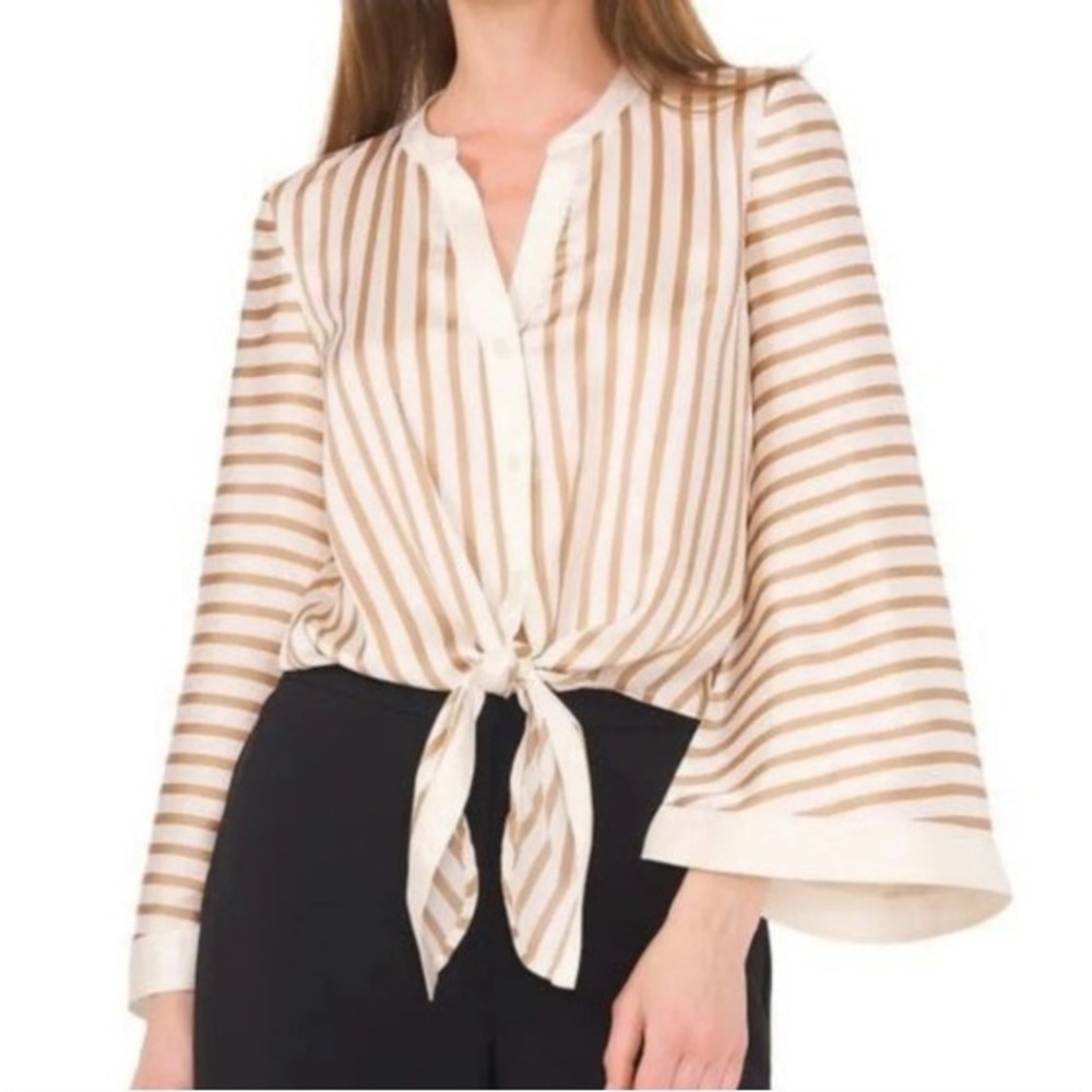 Halogen Nordstrom Tan White Striped Tie Front Bell Sleeve Blouse Satin NWT M